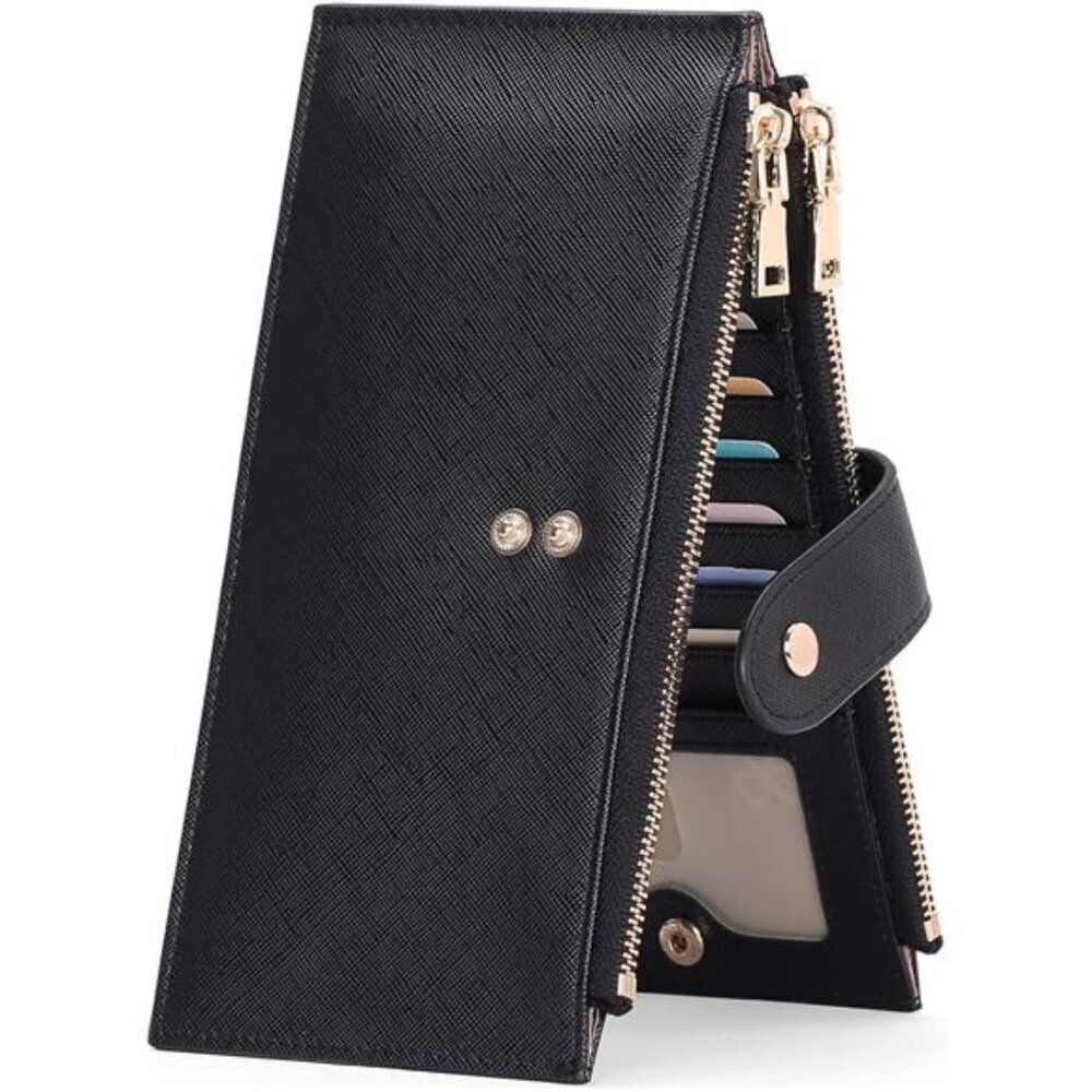 Womens Wallet Rfid Blocking Bifold Credit Card Holde 2 Zipper Pockets Black
